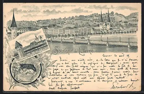 Vorläufer-Lithographie Luzern, 1895, Tour d`Eau & Pont de la Chapelle, Panorama