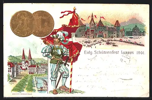 Lithographie Luzern, Eidg. Schützenfest, Eingang zum Festplatz, Goldene Medaille