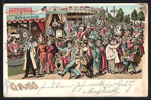 Lithographie Leierkastenmann und Schiessbude auf einem Volksfest