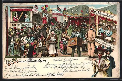 Lithographie Leierkastenmann auf einem Volksfest, Schiess-Salon, Kasper-Theater