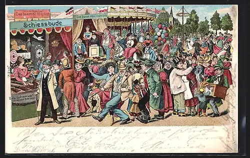 Lithographie Leierkastenmann auf einem Volksfest, Schiessbude, Dame ohne Unterleib