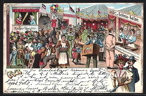 Lithographie Leierkastenmann auf einem Volksfest, Schiess-Salon, Kasper-Theater