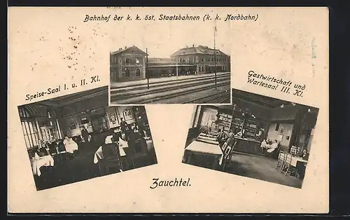 AK Zauchtel, Gasthaus und Wartesaal III. Kl., Bahnhof der k.k. öst. Staatsbahnen