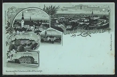 Mondschein-Lithographie Zauchtel, Nordbahnhof, Volksschule, Kathol. Kirche