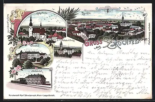 Lithographie Zauchtel, Kathol. Kirche, Nordbahnhof, Volksschule