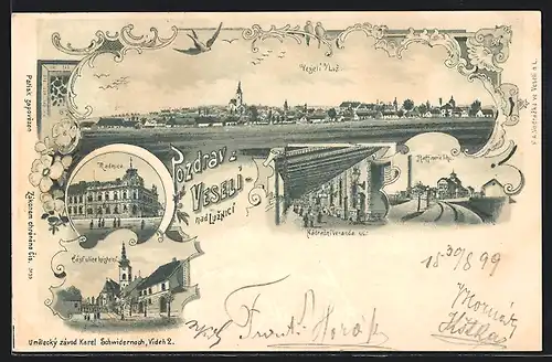 Lithographie Veseli nad Luznici, Radnice, Nadrazi veranda, Raffinerie lihu, Celkovy pohled