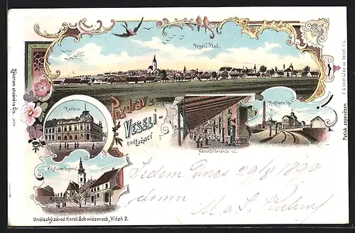 Lithographie Veseli nad Luznici, Radnice, Nadrazi veranda, Raffinerie lihu