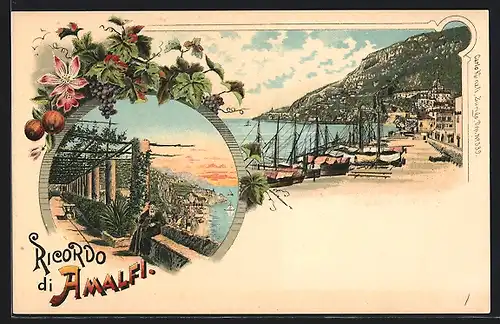 Lithographie Amalfi, Boote im Hafen, Blick von den Terrassen