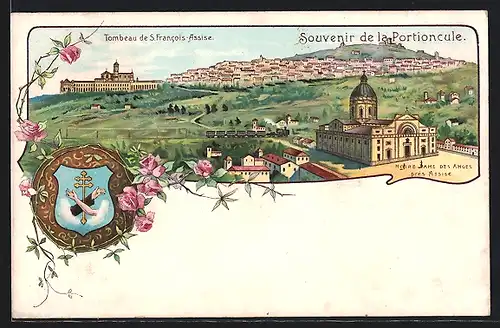 Lithographie Assisi, Panorama mit Wallfahrtskirche Portiunkula, Grabkirche und Stadt, Wappen