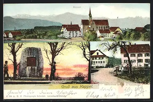 AK Kappel, Restaurant und Schulhaus, Zwinglidenkmal, Ortspartie mit Kirche