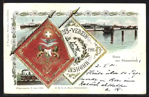 AK Romanshorn, Fahnenweihe 1901 V. S. E. A. Kreis Romanshorn, Uferpartie mit Dampfern