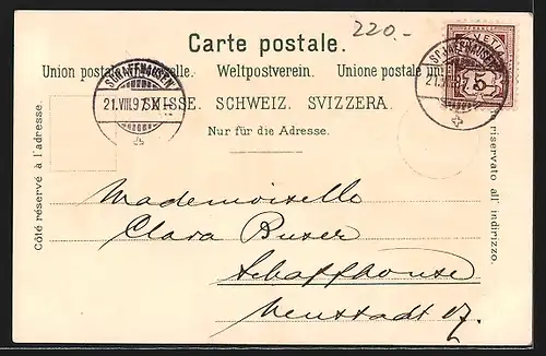 Lithographie Stein a. Rhein, Gasthof zum Rheinfels, Buchdruckerei von F. Büzberger, Schloss Hohenklingen