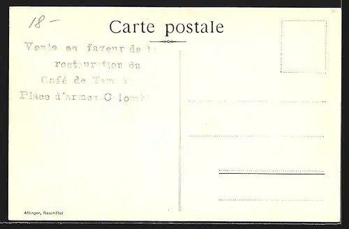 Künstler-AK Colombier, Cafe de Temperance, Soldat mit Gewehr und Fahne, Ortspartie