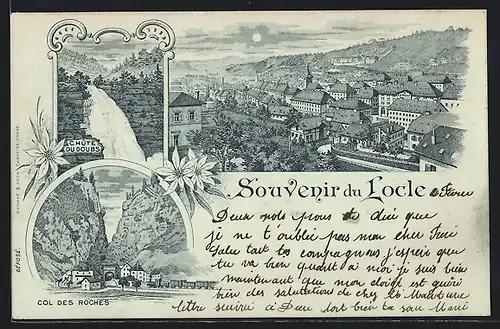Mondschein-Lithographie Locle, Panorama, Col des Roches, Chûte du Doubs