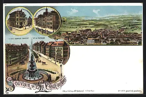 Lithographie La Chaux-de-Fonds, College Industriel, Ecole d`Horlogerie, La Rue Leopold-Robert et la Fontaine