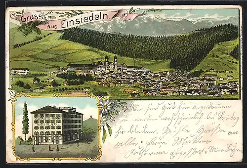 Lithographie Einsiedeln, Gasthaus St. Johann, Panorama