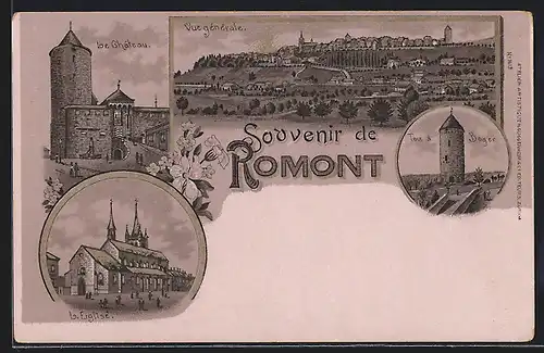 Lithographie Romont, Le Chateau, L`Eglise, Vue generale, Tour à Bager
