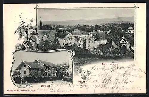 Passepartout-AK Sins, Bahnhof, Teilansicht aus der Vogelschau, Beerenzweige