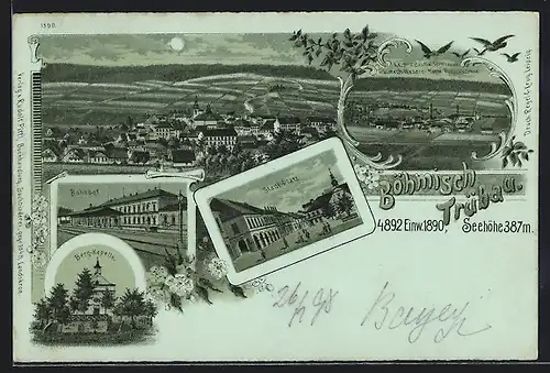 Mondschein-Lithographie Böhmisch Trübau, Bahnhof, Stadt-Platz, Berg-Kapelle