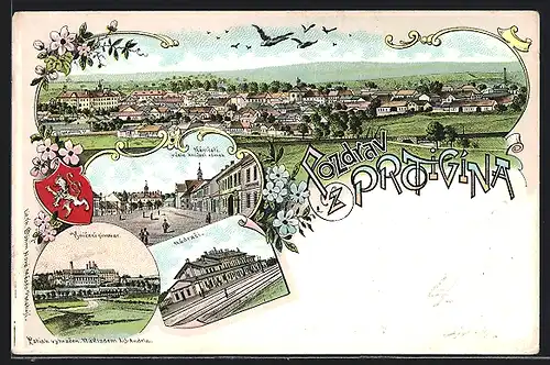 Lithographie Protivin, Nametsi, v cele knizeci zamek, Nadrazi, Panorama