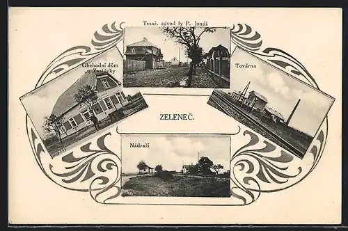 AK Zelenec, Nadrazi, Tovarna, Obchodni dum u Zastavky