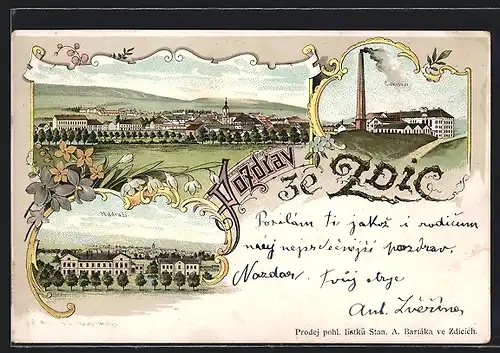 Lithographie Zdice, Celkovy pohled, Cukrovar, Nadrazi