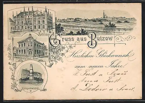Vorläufer-Lithographie Bützow, 1889, Rathaus, Kaiserl. Post, Kriegerdenkmal, Ortsansicht