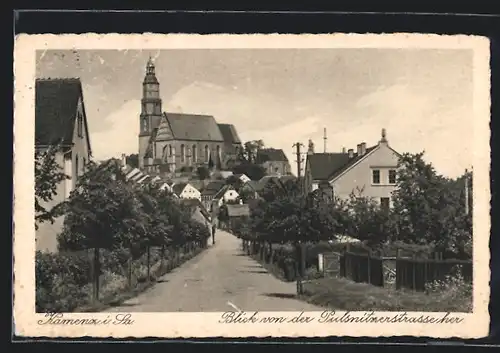 AK Kamenz i. Sa., Blick von der Pulsnitzerstrasse zur Kirche