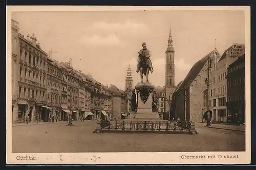 AK Görlitz, Obermarkt mit Denkmal