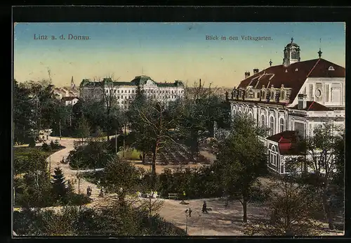 AK Linz a. D., Volksgarten aus der Vogelschau