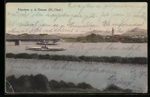 AK Mautern a. d. Donau, Blick über den Fluss mit Dampfern