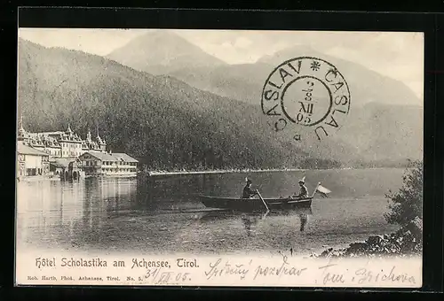 AK Scholastika am Achensee, Blick über den See zum Hotel