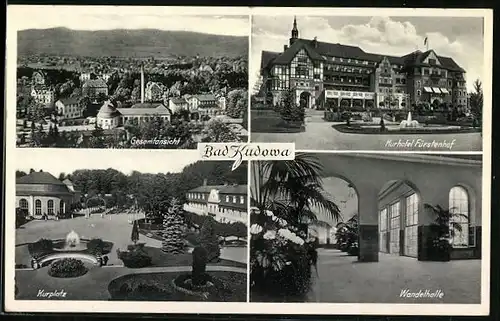 AK Bad Kudowa, Gesamtansicht, Kurhotel Fürstenhof, Kurplatz, Wandelhalle