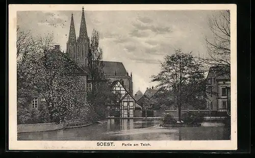 AK Soest, Partie am Teich mit Kirche