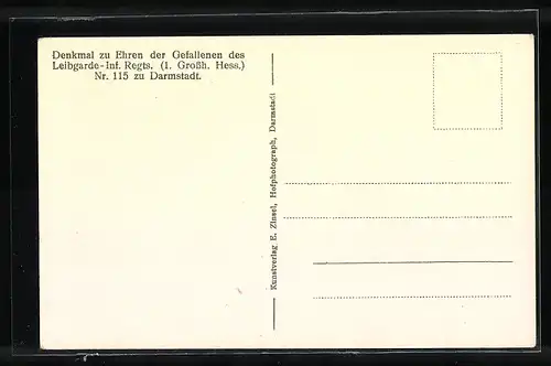 AK Darmstadt, Denkmal zu Ehren der Gefallenen des Leibgarde-Infanterie-Regiments Nr. 115