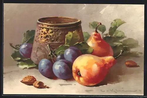 Künstler-AK Catharina Klein: Stillleben mit Birnen und Pflaumen