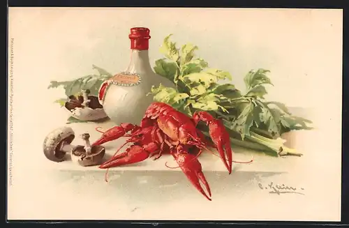 Künstler-AK Catharina Klein: Stillleben Flasche mit Hummer und Champignons