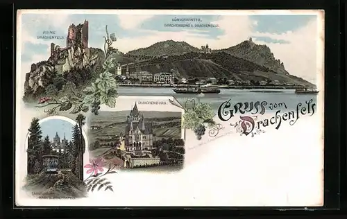 Lithographie Königswinter, Drachenburg, Drachenfels, Zahnradbahn