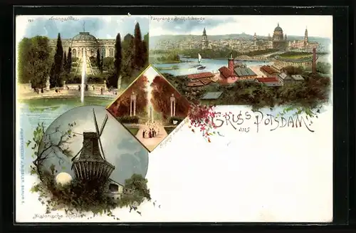 Lithographie Potsdam, Historische Mühle, Sanssouci, Panorama v. Brauhausberge