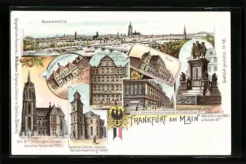 Lithographie Alt-Frankfurt, Hotel zum Schwanen, Rathaus am Römer