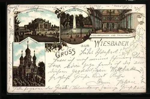 Lithographie Wiesbaden, Kochbrunnen und Trinkhalle, Russische Kapelle, Kurhaus-Park