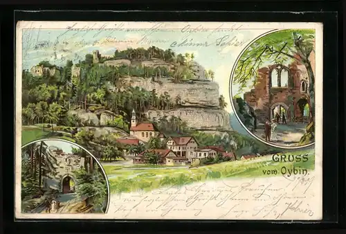 Lithographie Oybin, Teilansicht, Tor, Ruine