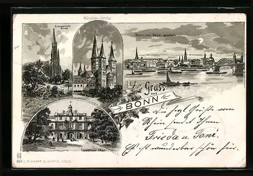 Lithographie Bonn, Münster-Kirche, Evangelische Kirche, Coblenzer Tor