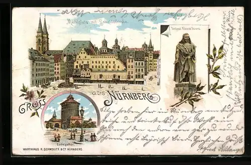 Lithographie Nürnberg, Marktplatz mit Sebalduskirche, Ludwigsthor