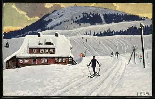 Künstler-AK Bernau /Bad. Schwarzwald, Gasthof Herzogenhorn im Skigebiet