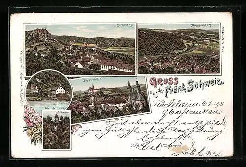 Lithographie Gössweinstein /Fränk. Schweiz, Panorama, Stempfermühle & Gailenreuth