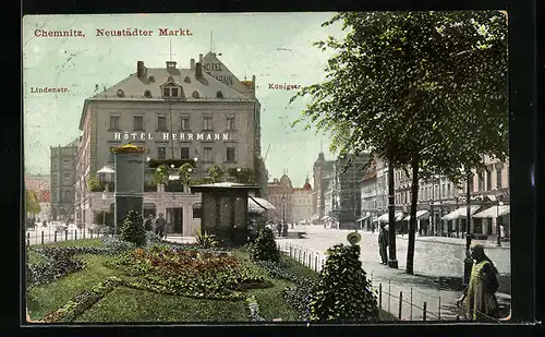 AK Chemnitz, Neustädter Markt mit Königstrasse und Lindenstrasse, Hotel Herrmann