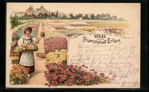 Lithographie Erfurt, Blumenbeete und Frau mit Korb