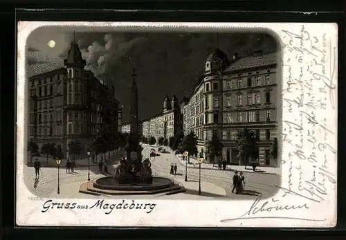 Lithographie Magdeburg, Hasselbach Platz und Breiteweg