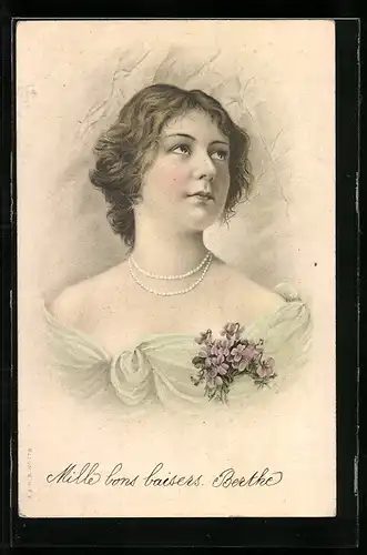 Lithographie Frauenporträt mit Blumen am Kleid